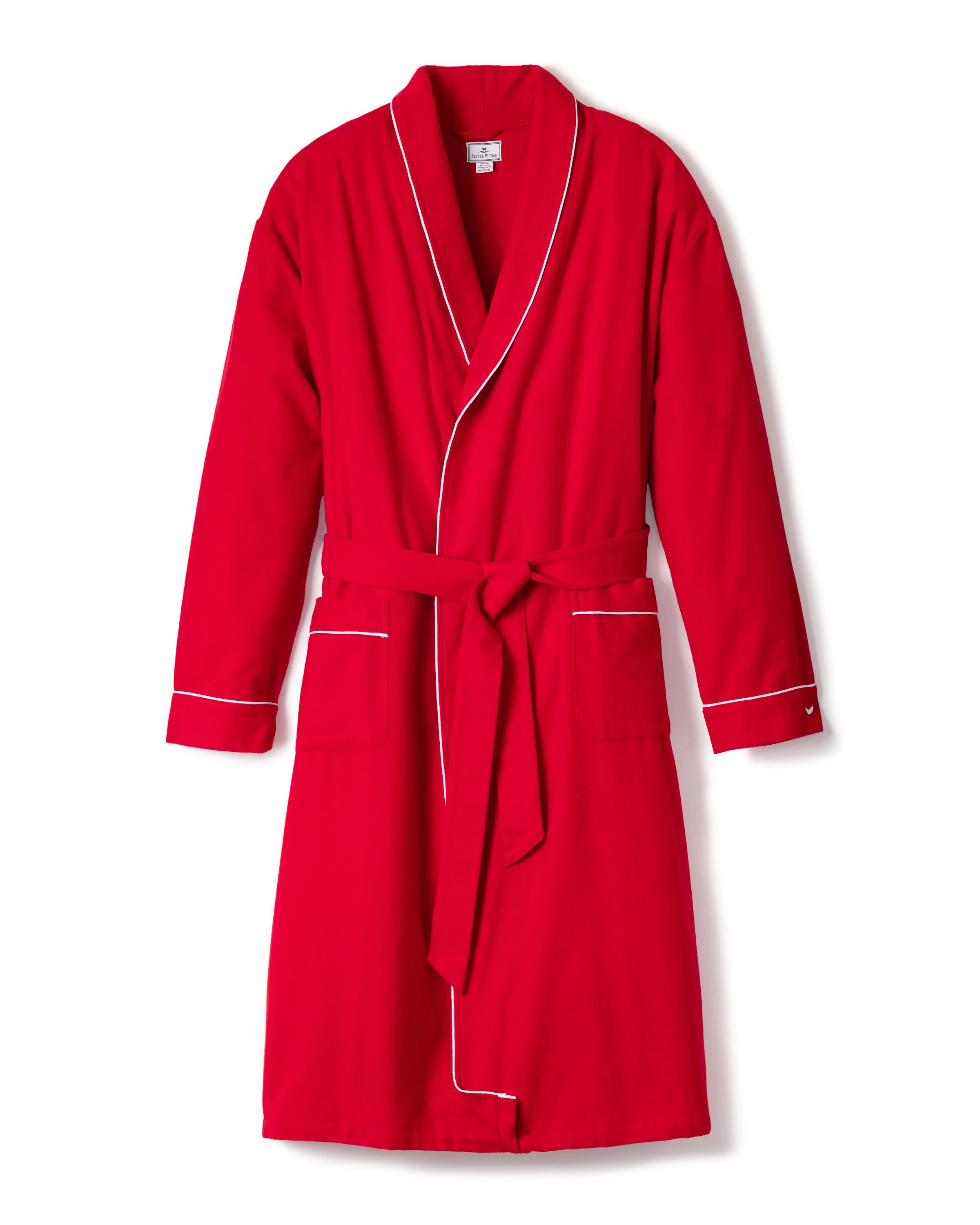 Men's Flannel Robe in Red with White Piping | Petite Plume