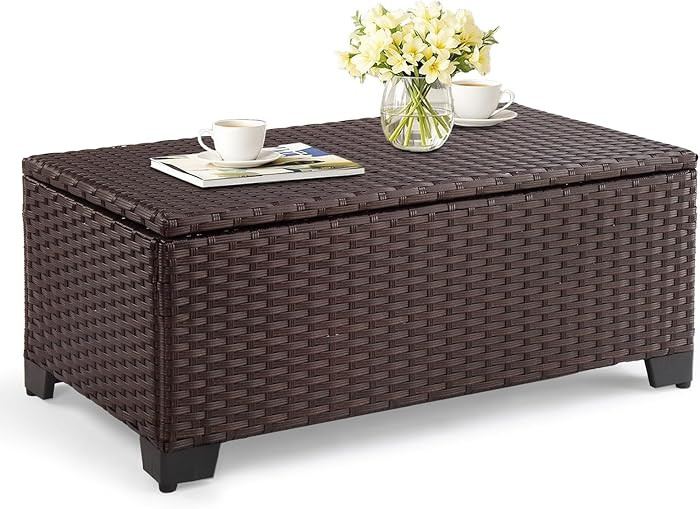 VINGLI Outdoor Coffee Table with Storage, All-Weather Dark Brown Wicker Patio Table for Garden, B... | Amazon (US)