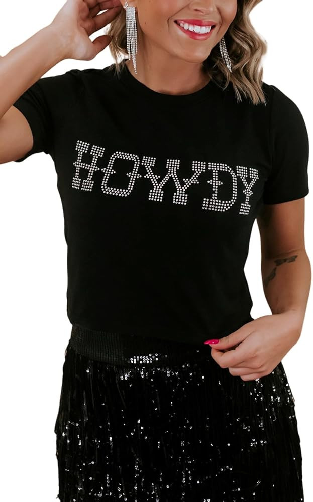 Women's Black Howdy Rhinestone Slim Fit Crew Neck T Shirt Casual Round Neck Slogan Short Sleeve T... | Amazon (CA)