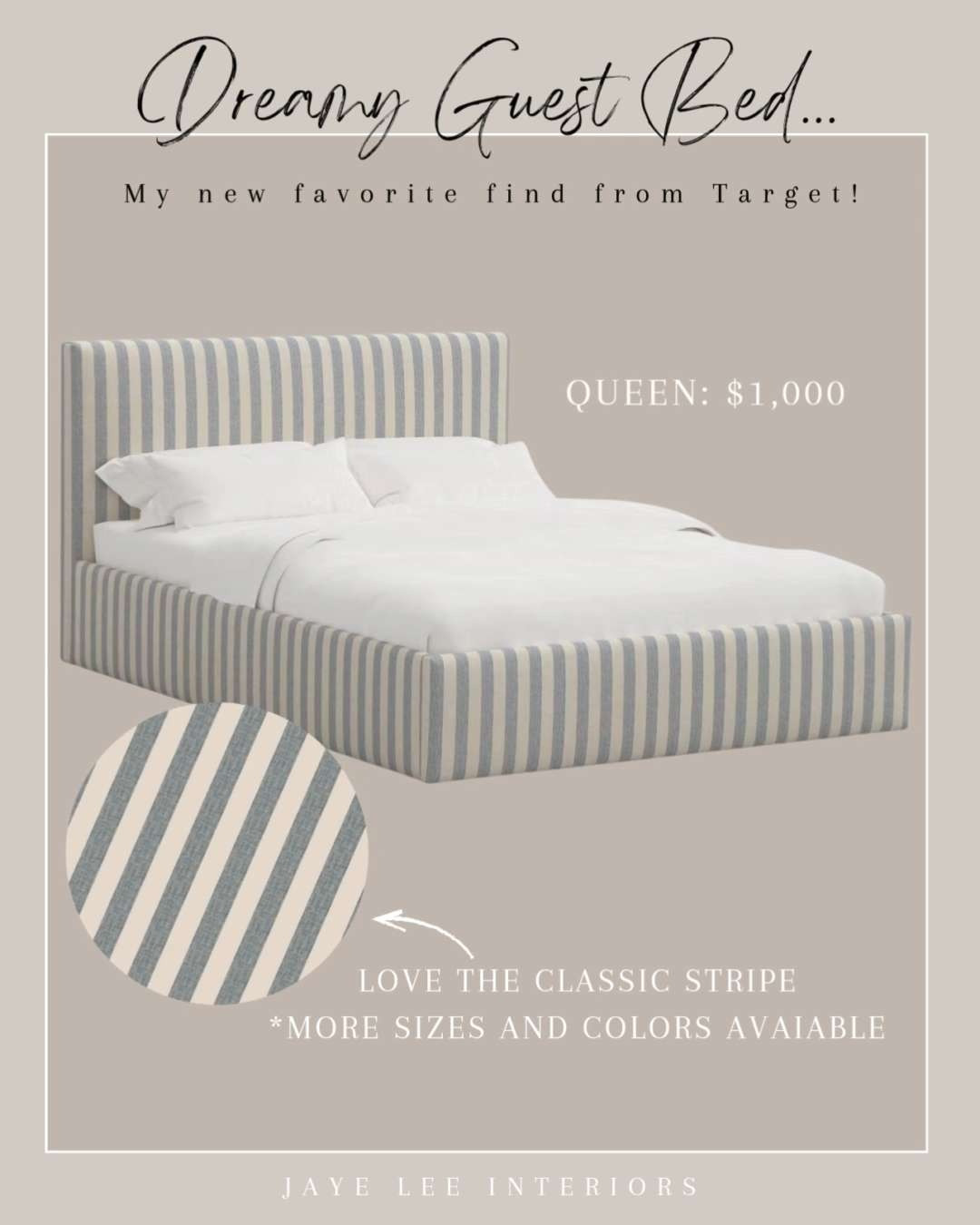 I can't decide between the block print or the stripe! Love this affordable upholstered bed for the guest room, or a kid's room, or any bedroom for that matter! Low profile upholstered bed, queen bed, king bed, upholstered twin bed, striped headboard, blue and white bedroom, boy's bedroom, little girl's bedroom, bedroom furniture, guest room refresh, #targetstyle #jleeinteriors #LTKmomlife 

 #LTKHome #LTKKids