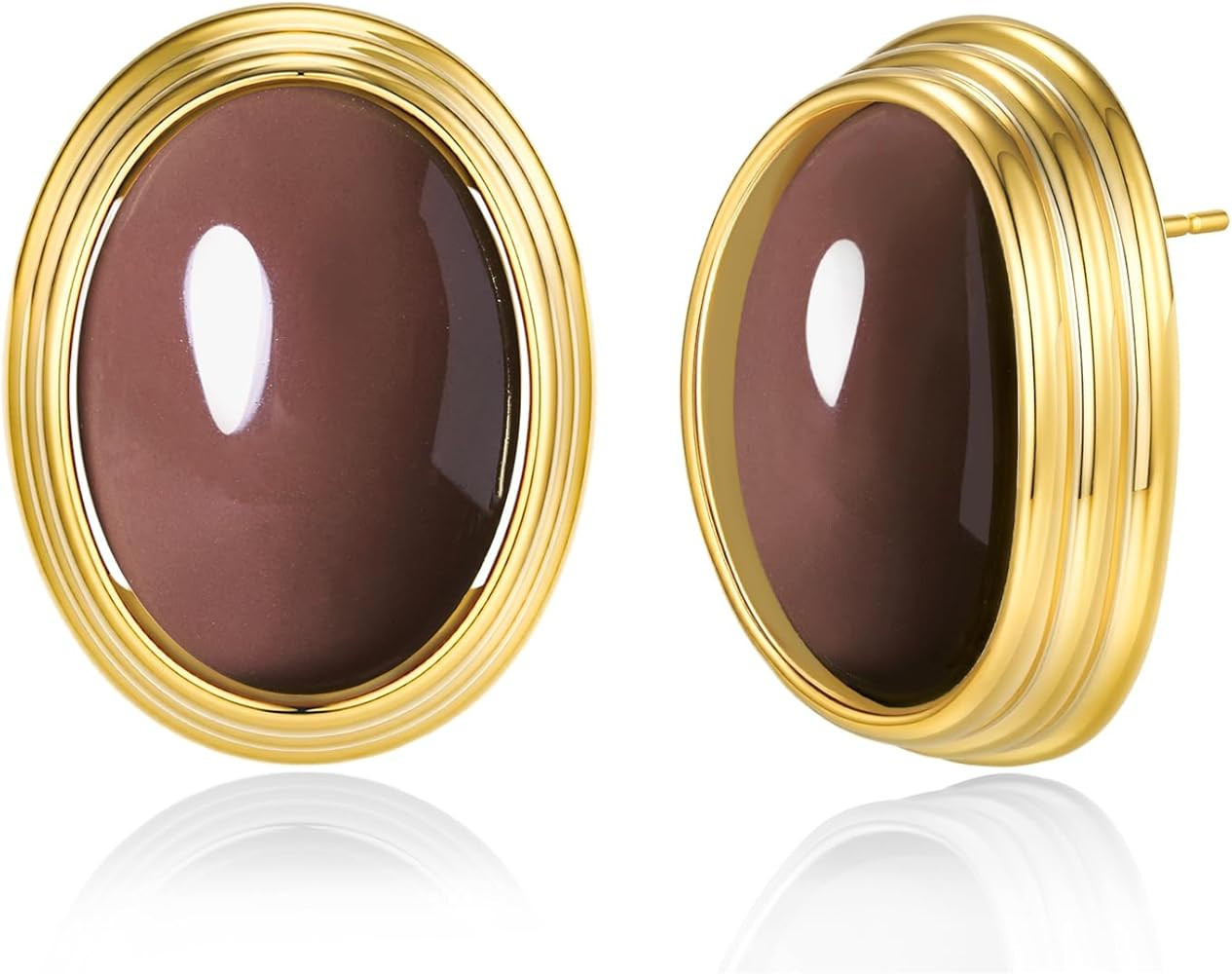 SNGIA18K Gold Plated Burgundy Maroon Red Carnelian Round Oval Ribbed Button Chunky Statement Earr... | Amazon (US)