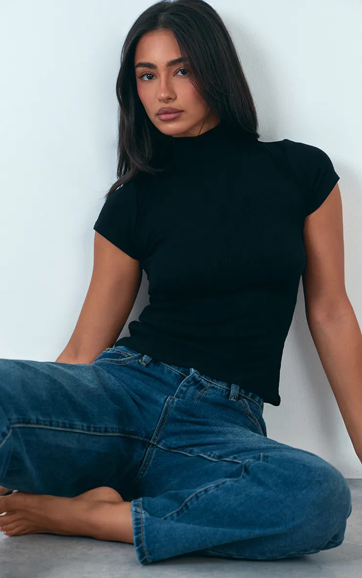Black Soft Rib High Neck Fitted Longline T-Shirt | PLT | PrettyLittleThing UK