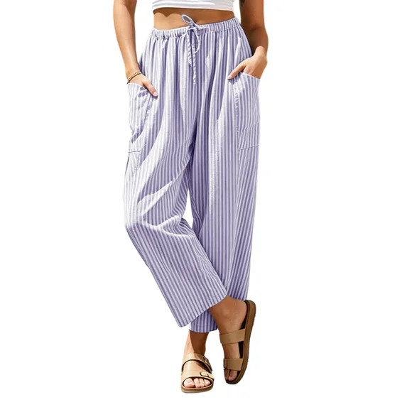 Atogsazn Womens Striped Wide Leg Pants Baggy Loose Fit Lightweight Pants Beach Summer Trouser wit... | Walmart (US)