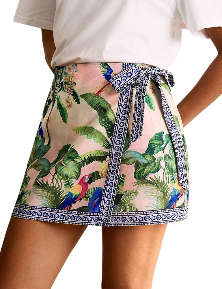 Women’s Summer Boho Skirts Floral Print Tie Knot Wrap Mini Skirt Cute Tropical Ocean Graphic Sh... | Amazon (US)