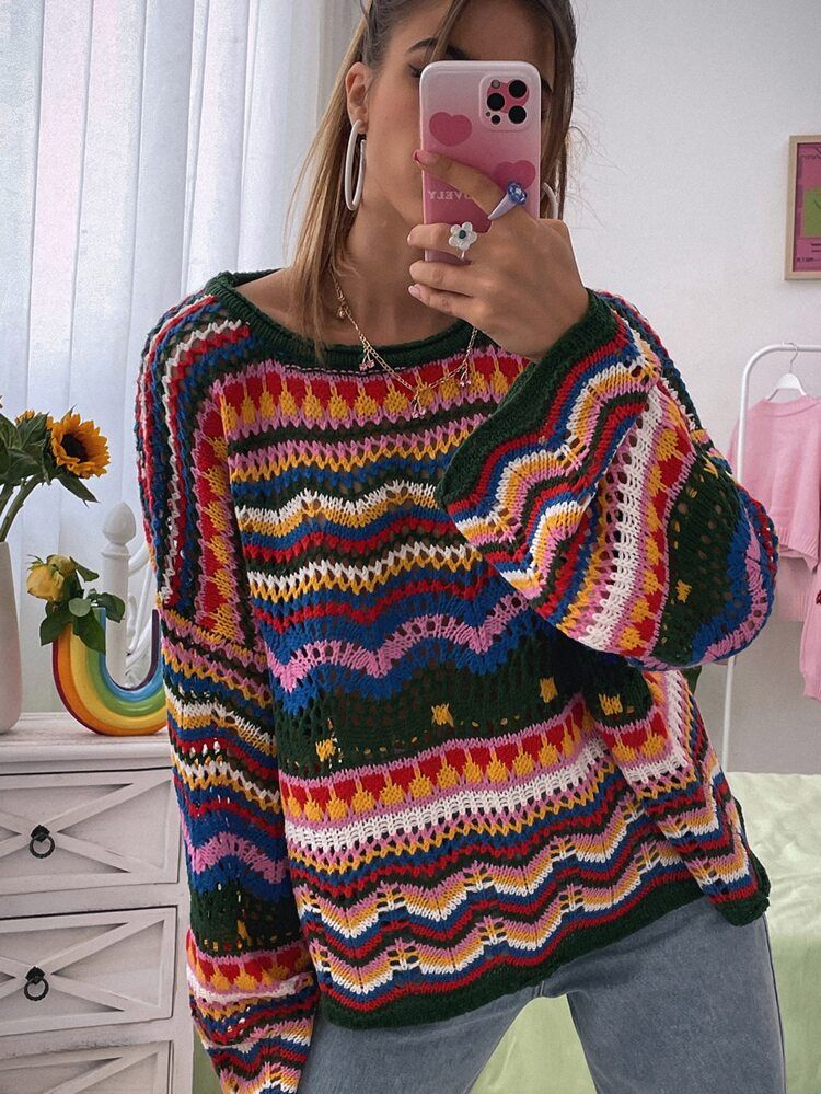 Chevron Pattern Open Knit Colorblock Drop Shoulder Sweater | SHEIN