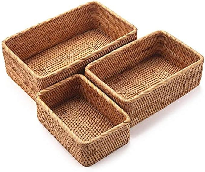 Natural Rattan Storage Baskets, Rectangular Woven Fruit Baskets, Wicker Decoration and Organizer ... | Amazon (US)