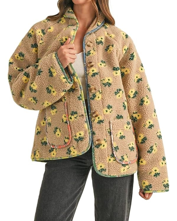 Dqbeng Womens Sherpa Jacket Floral Print Long Sleeve Oversized Casual Coats Teddy Fleece Outerwea... | Amazon (US)