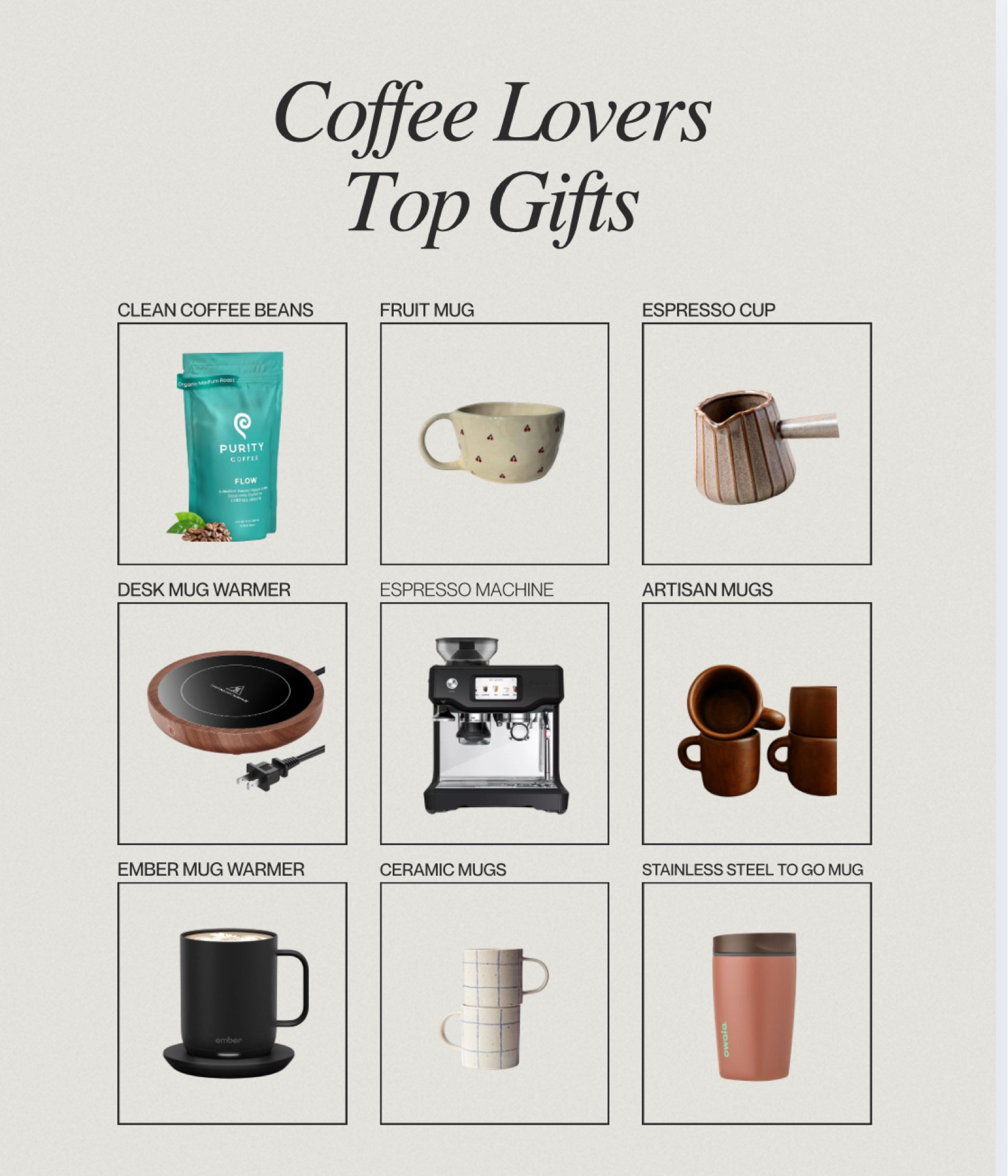 perfect coffee lovers gifts! this espresso machine has been used every dang day since last christmas & is so user friendly! the ceramic mugs are all etsy because they’re always so beautiful there. purity coffee is my fav brand and what i make all espresso shots with  