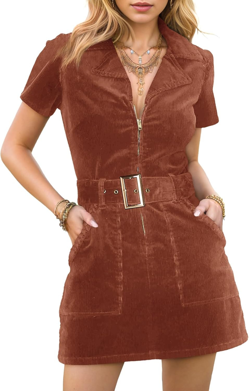 Doshoop Women's Corduroy Mini Dress Short Sleeve Cowboy Dresses | Amazon (US)