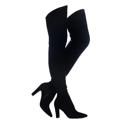 Shoe'N Tale Women Stretch Suede Chunky Heel Over The Knee Boots Thigh High for Women (6.5,Suede Black) | Amazon (US)