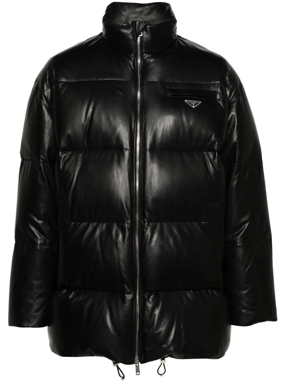 Prada logo-plaque leather puffer coat - Black | Farfetch Global
