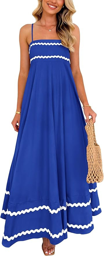 PRETTYGARDEN Women's 2025 Summer Flowy Maxi Dress Casual Sleeveless Spaghetti Strap Ruffle Beach ... | Amazon (US)