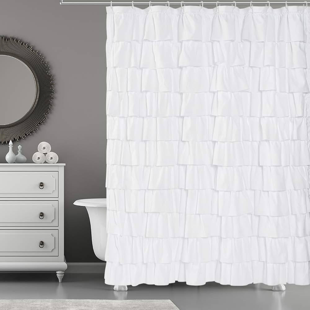 Ruffle Shower Curtain,84-inches Extra Long,White Ruffled Bath Curtains for Bathroom,Fabric Farmho... | Amazon (US)
