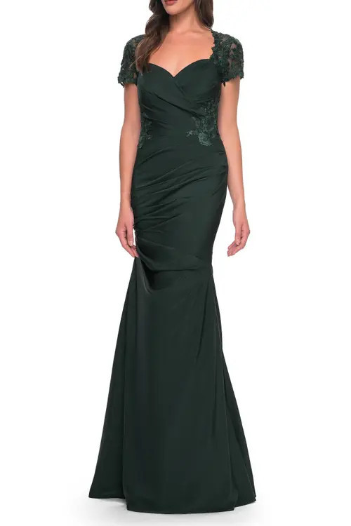 La Femme Satin Evening Dress with Lace and Scoop Neckline in Dark Emerald at Nordstrom, Size 4 | Nordstrom
