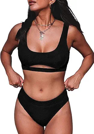Herseas Women's Cutout Crop Top Bikini Set Sports 2 Pieces Cheeky High Waisted High Cut Swimsuit | Amazon (US)