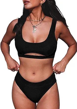 Herseas Women's Cutout Crop Top Bikini Set Sports 2 Pieces Cheeky High Waisted High Cut Swimsuit | Amazon (US)