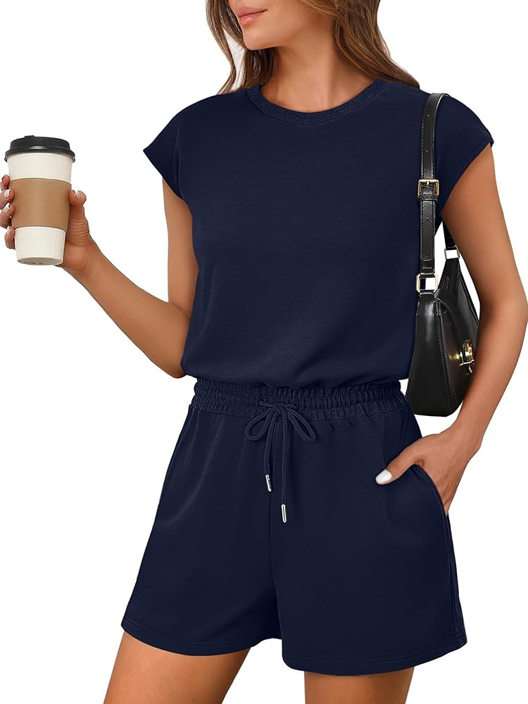 ANRABESS Rompers for Women Summer 2026 Casual Cap Sleeve Crewneck Drawstring One Piece Jumpsuit O... | Amazon (US)