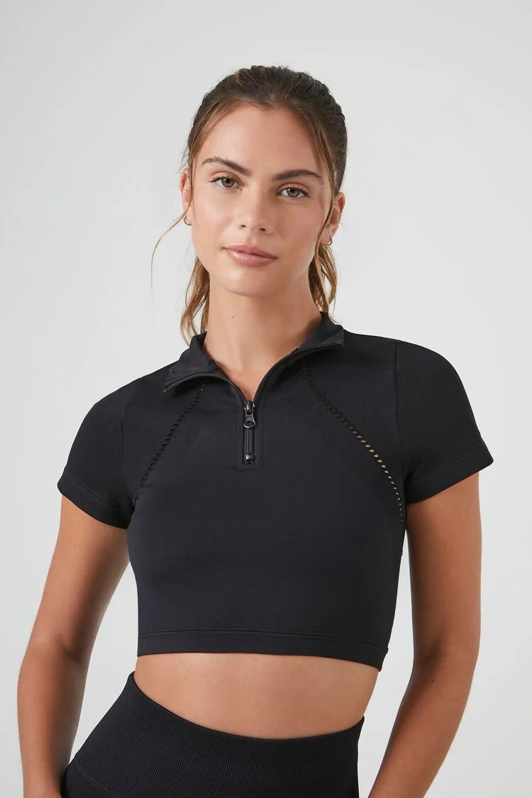 Women's Active Seamless Half-Zip Crop Top in Black Large | Forever 21