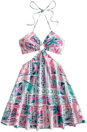 Floerns Women's Floral Halter Neck Vacation Dress Sleeveless Cut Out Boho Cami Dress | Amazon (US)