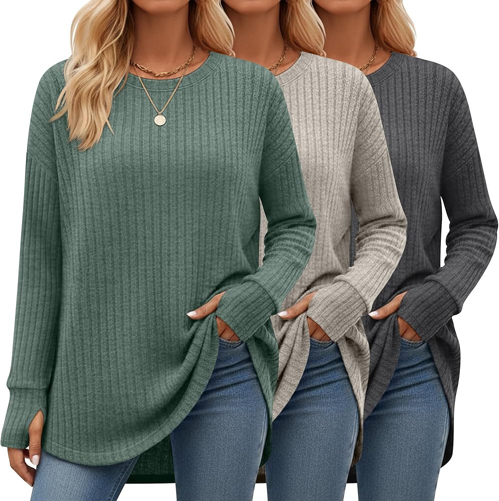 3 Pack Women's Long Sleeve Tops with Thumb Hole Ribbed Crew Neck Loose Fit Shirts Fall Winter Clo... | Amazon (US)