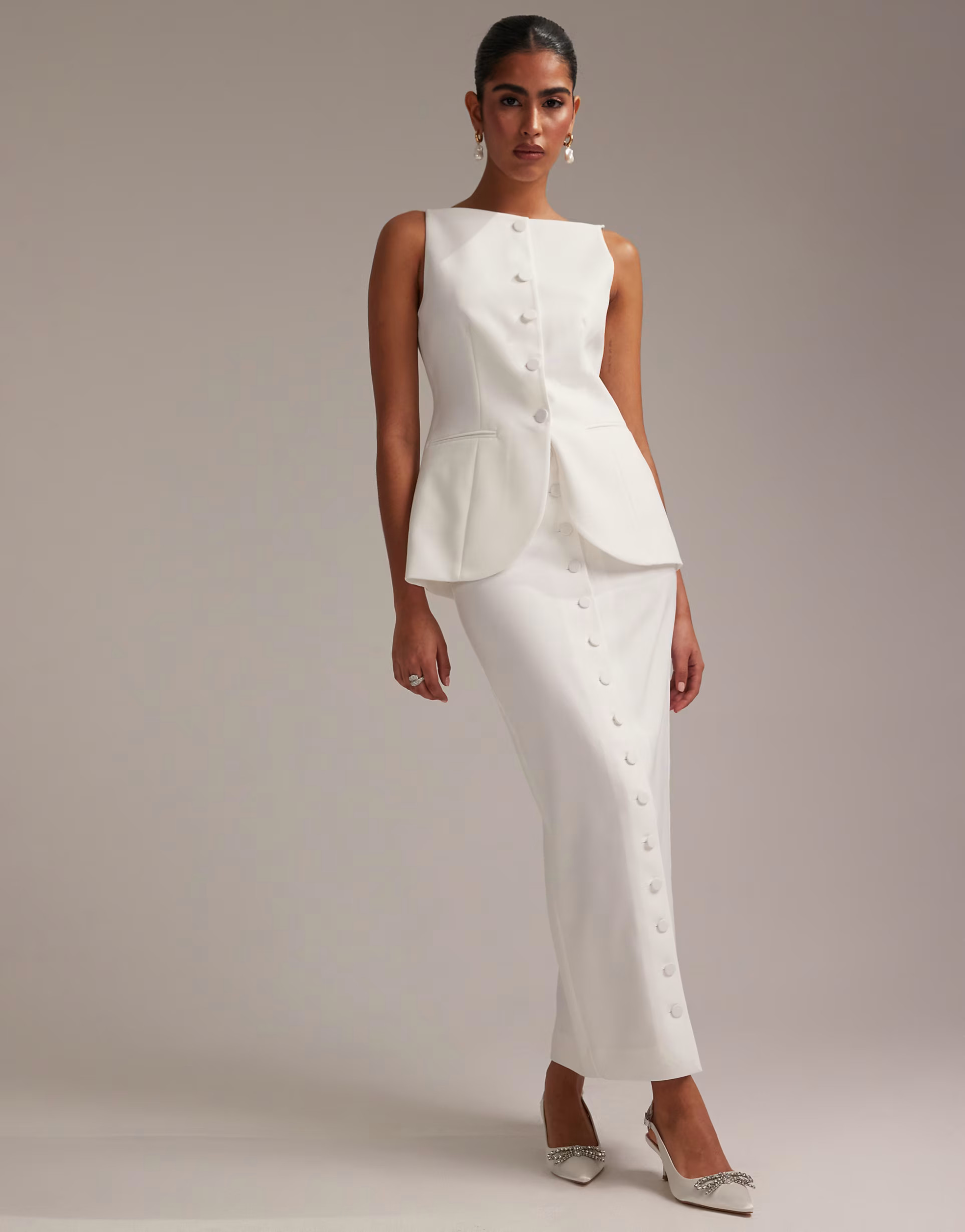 ASOS DESIGN button detail pencil midaxi skirt in white | ASOS | ASOS (Global)