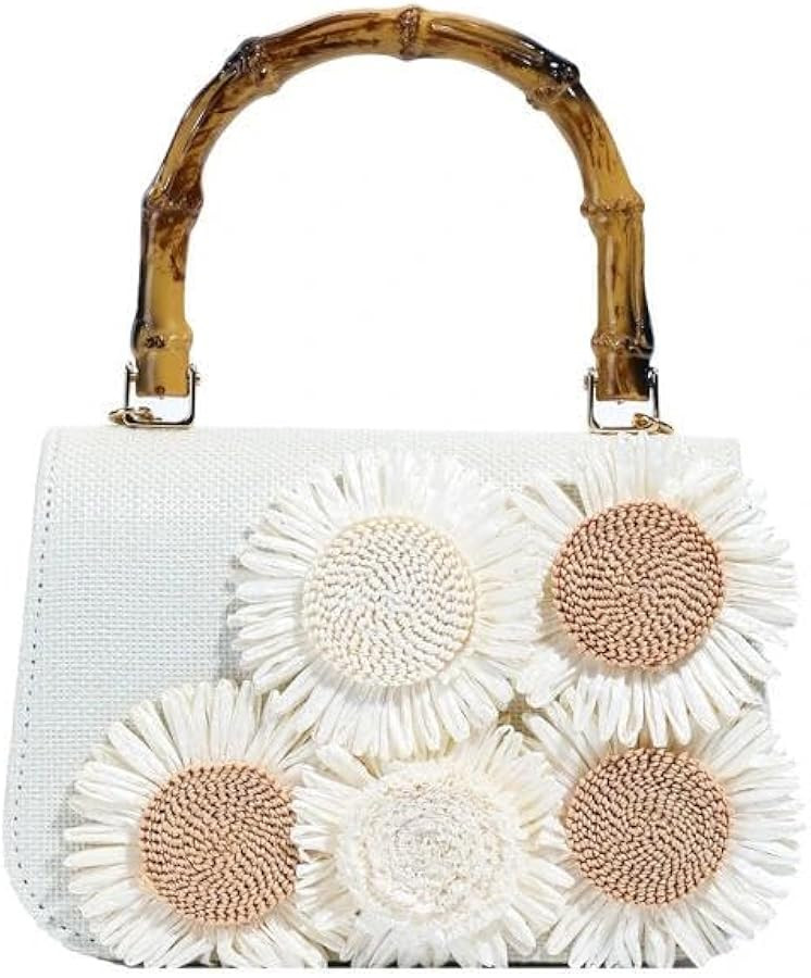 White Woven Flower Bamboo Handle Tote Bag for Women, Straw Clutch Handbags\uff0cBoho Beach Purse ... | Amazon (US)