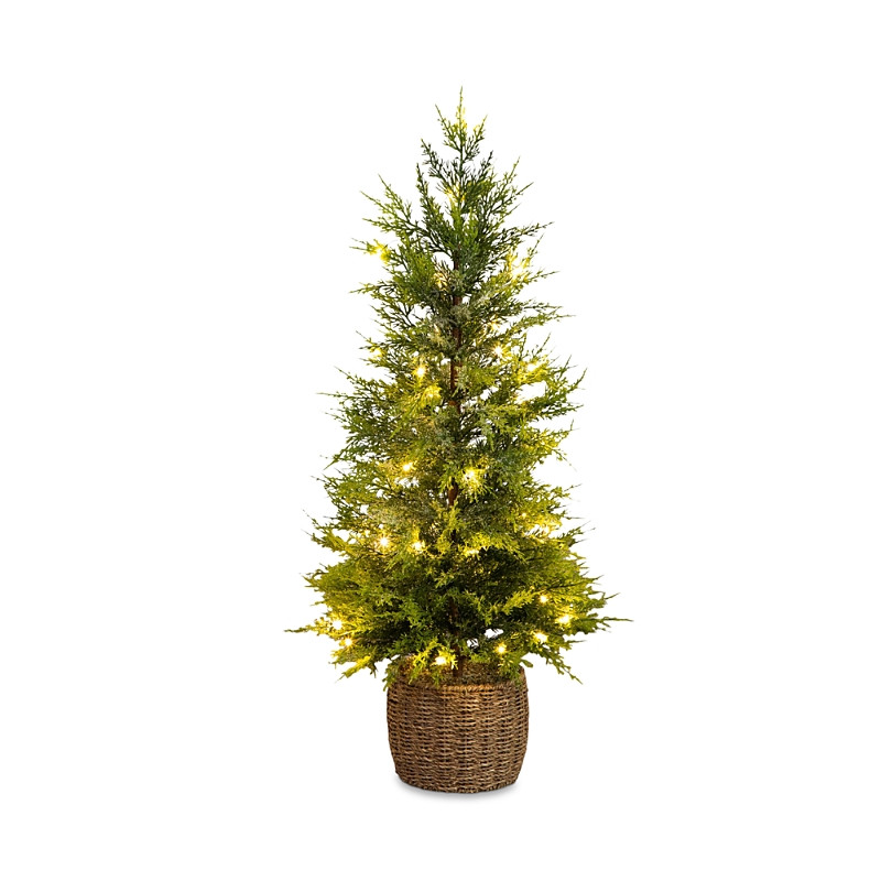 Nearly Natural Pre-Lit Artificial Lightly Snowed Cypress 3' Christmas Tree with Warm White Led Lights in Decorative Basket | Bloomingdale's (US)