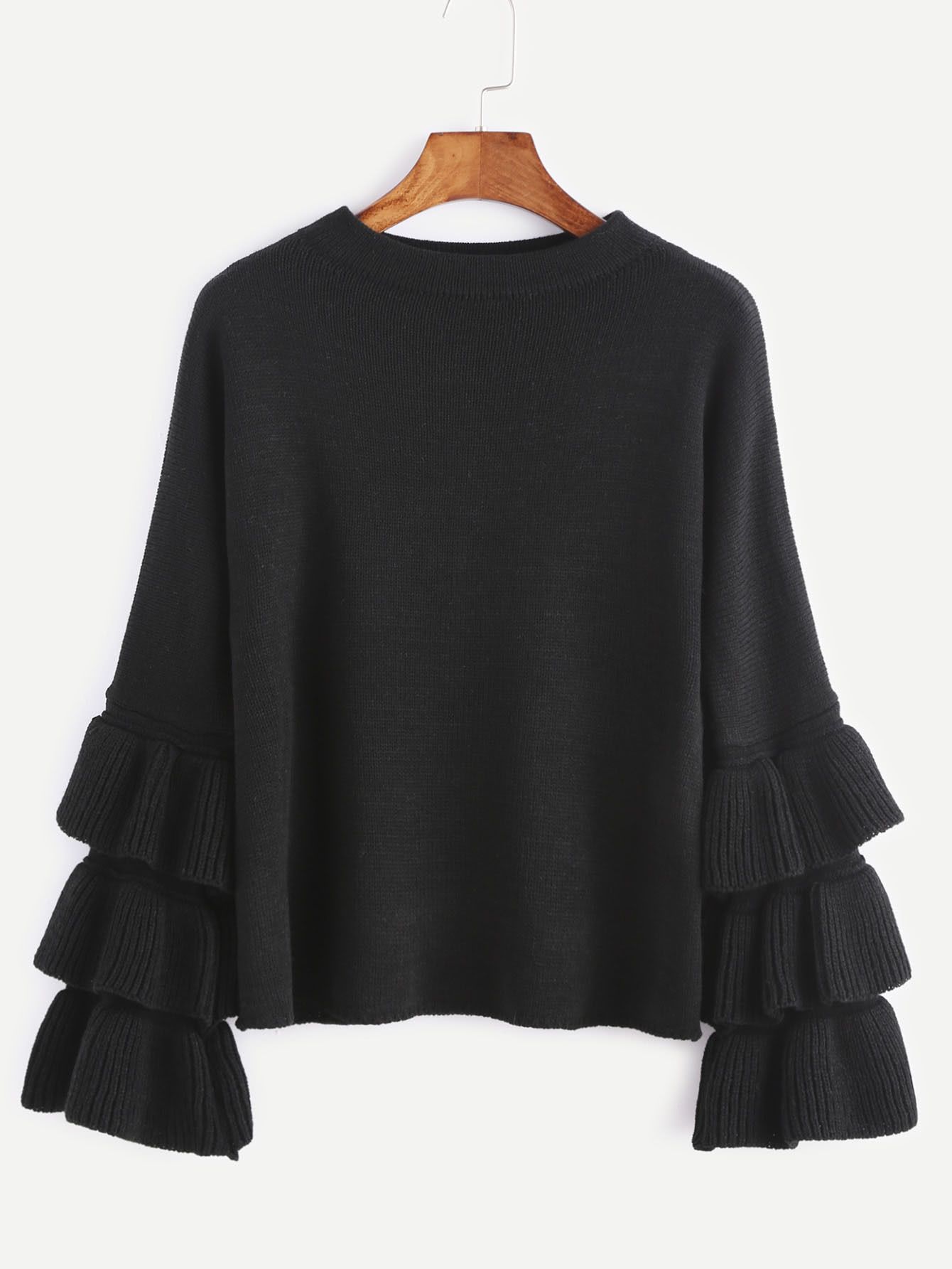 Black Layered Ruffle Sleeve Pullover Sweater | SHEIN