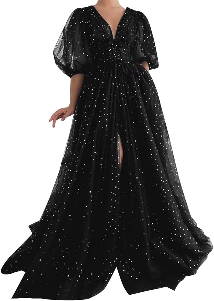 Starry Tulle Puffy Sleeve Prom Dress Long Sparkle V Neck Ball Gown A Line Split Formal Evening Party | Amazon (US)