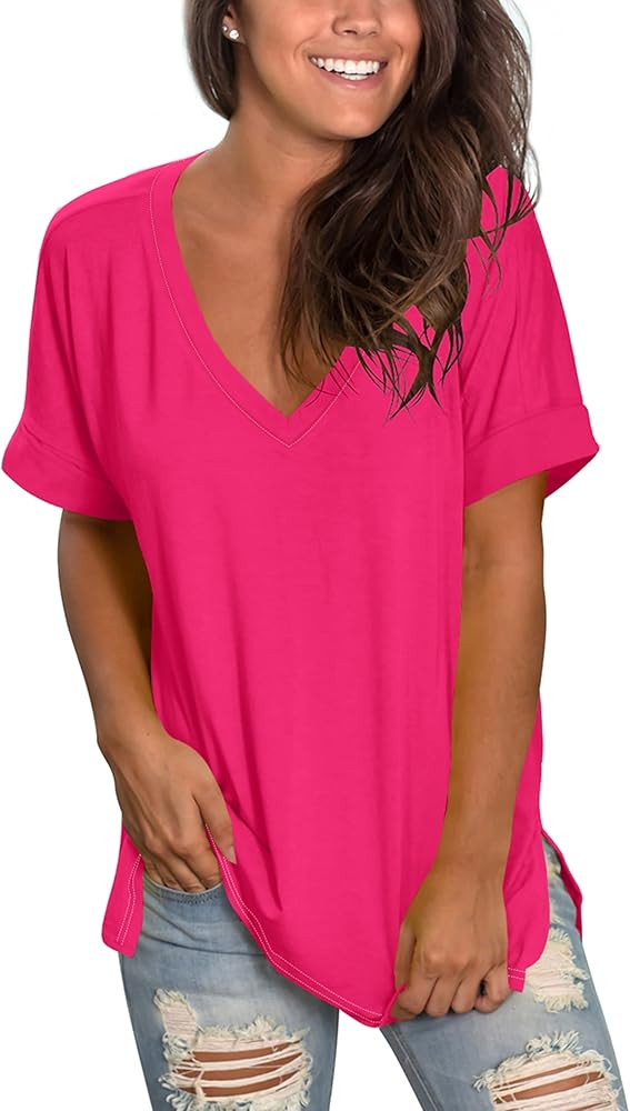 SAMPEEL Women's V Neck T Shirts Casual Rolled Short Sleeve Side Split Summer Tops Loose Fit | Amazon (US)