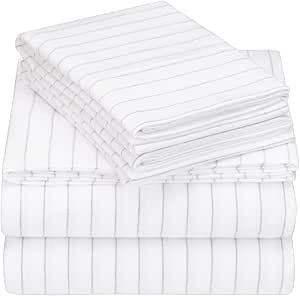 Amazon Brand – Pinzon 160-Gram Pinstripe Flannel Cotton Bed Sheet Set, Full, White Pinstripe | Amazon (US)