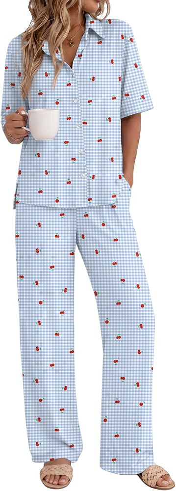 Ekouaer Pajamas for Women Set Button Up Short Sleeve Pjs with Long Pants | Amazon (US)