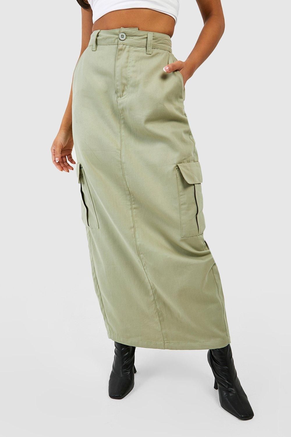 Petite High Waisted Twill Cargo Midaxi Skirt | boohoo (US & Canada)
