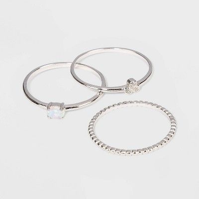 Sterling Silver with Opal and Cubic Zirconia Beaded Band Stacking Ring Set 3pc - A New Day™ | Target
