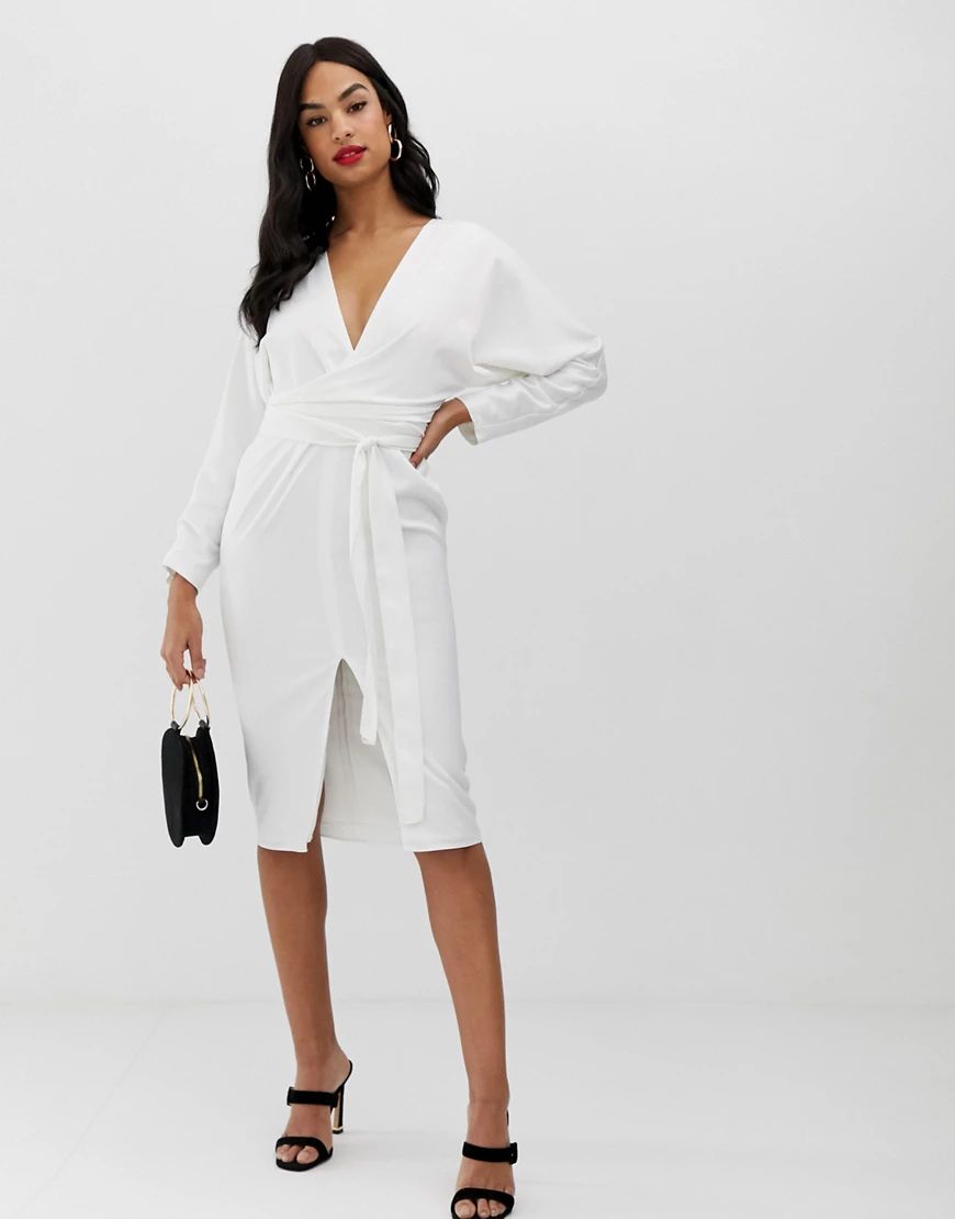 ASOS DESIGN midi dress with batwing sleeve and wrap waist in satin-White | ASOS (Global)