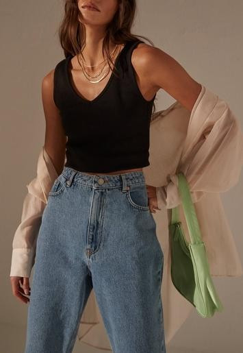 Re_Styld Black Rib Plunge Tank Top | Missguided (US & CA)