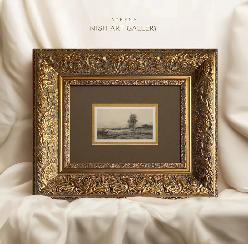 Framed Art With Double Matte, Vintage Landscape Sketch Art Print, Gold Framed Wall Art, Brown Gol... | Etsy (US)