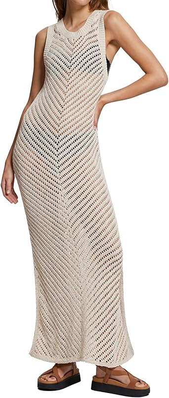 Bsubseach Women Crochet Swimsuit Cover Up Sleeveless Hollow Out Long Swim Coverup Beach Dress | Amazon (US)