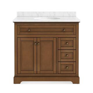 Wellington 36 in. W x 21.5 in. D x 35 in. H Single Sink Freestanding Bath Vanity in Brown with White Carrara Marble Top | The Home Depot