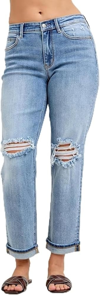 Judy Blue Womens Jeans - Mid Rise Boyfriend with Destroy & Cuff | Amazon (US)