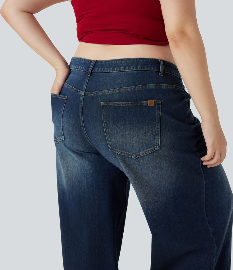 Women\u2019s Plus Size Halara Flex\u2122 Asymmetric Low Rise Wide Leg Washed Casual Jeans with Po... | HALARA