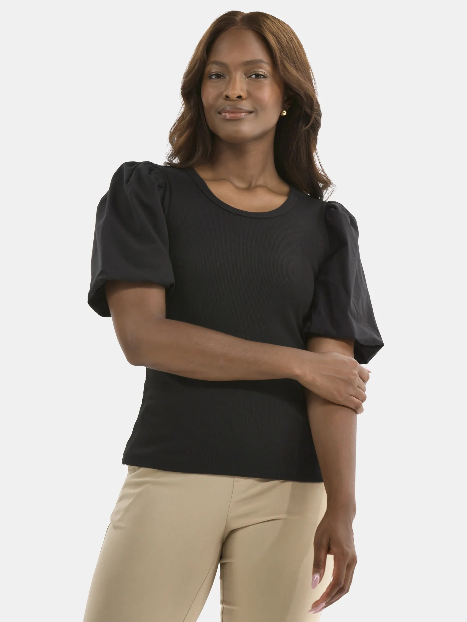 Time And Tru Women's Mixed Media Top with Short Puff Sleeves, Sizes XS-XXXL | Walmart (US)