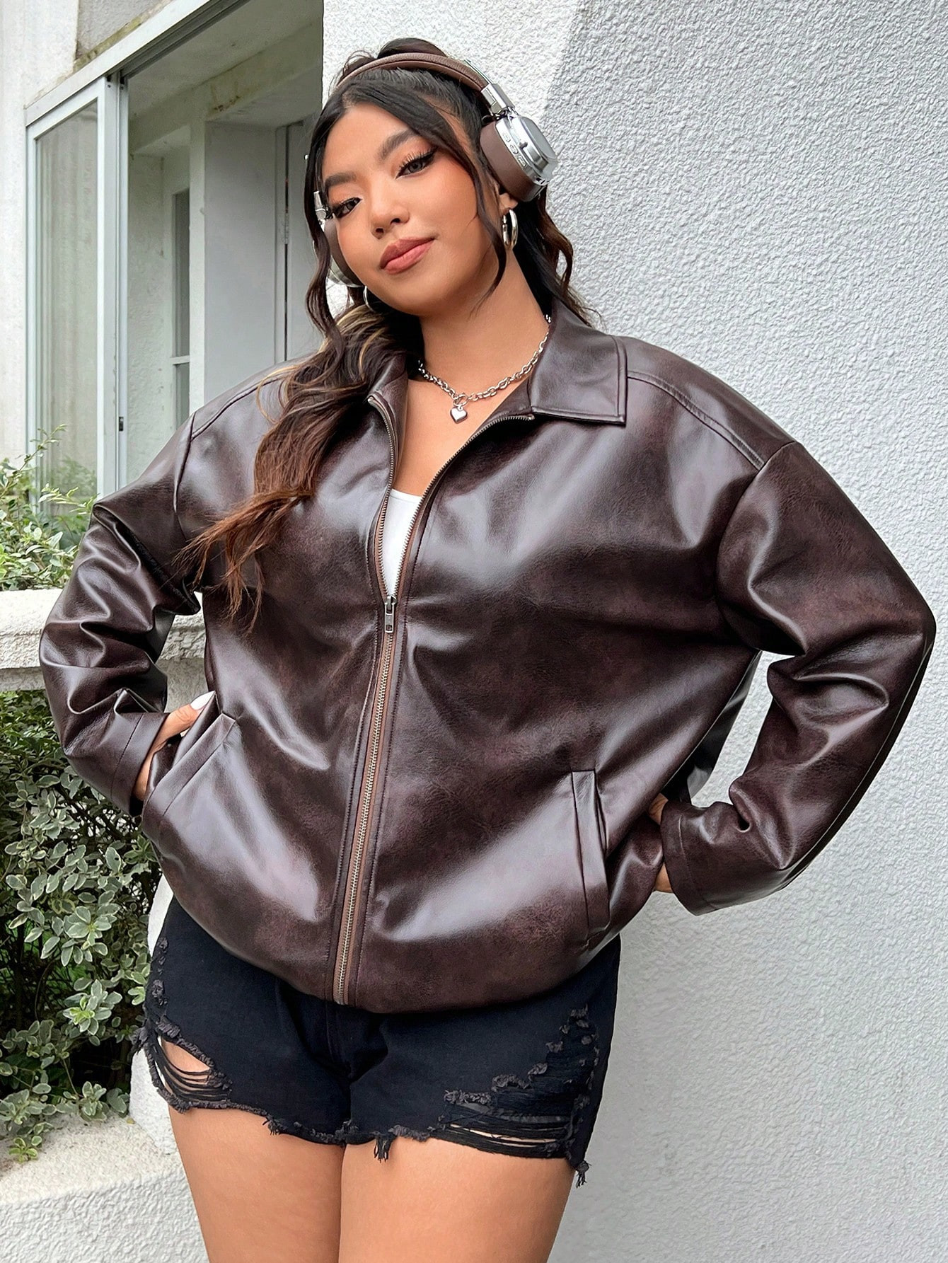 SHEIN EZwear Plus Size Distressed PU Leather Loose Jacket Coat | SHEIN USA | SHEIN