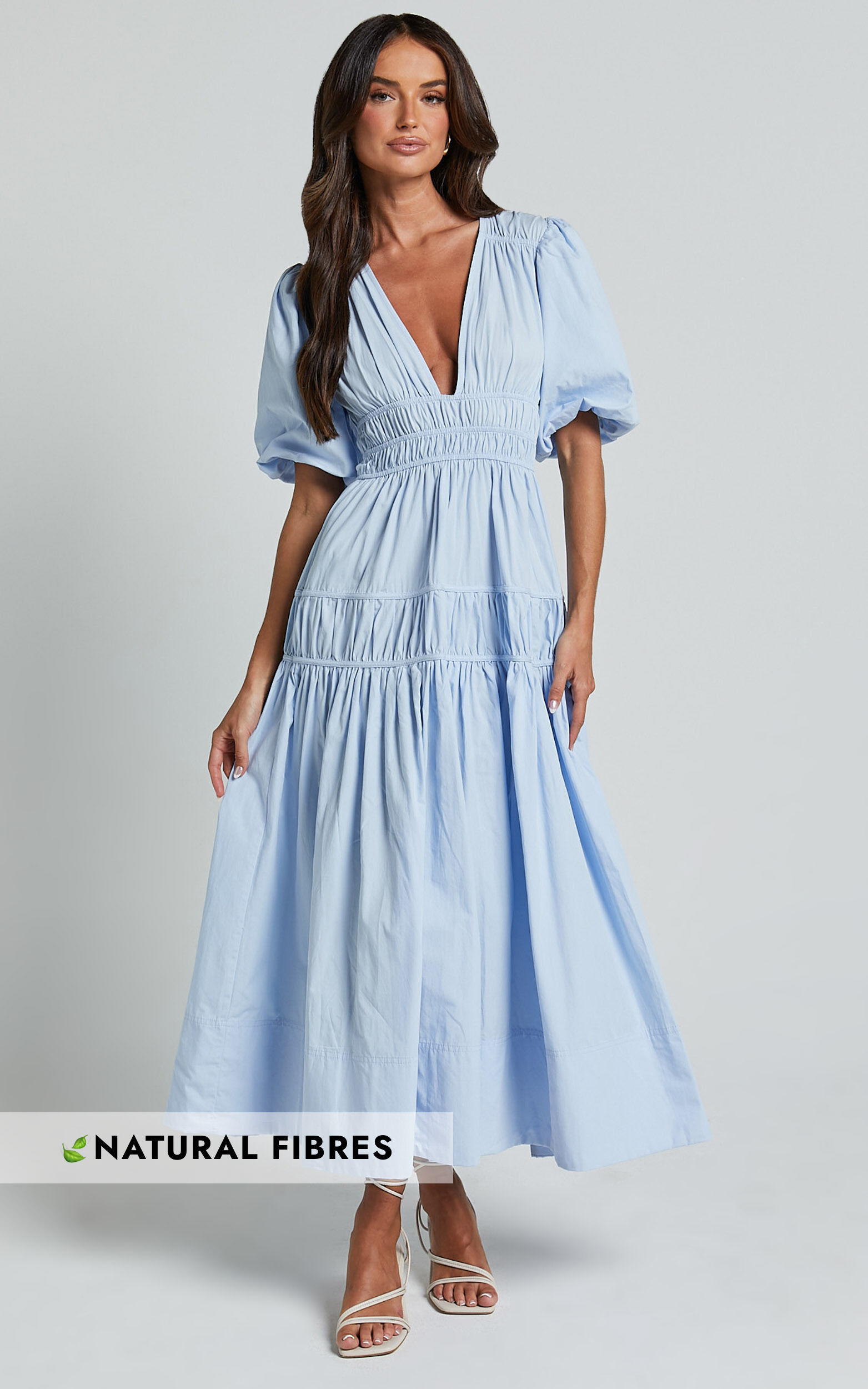 Mellie Midi Dress - Puff Sleeve Plunge Tiered Dress in Soft Blue | Showpo (US, UK & Europe)