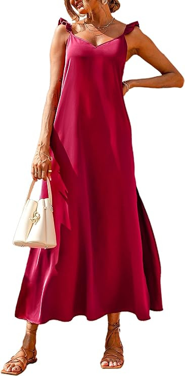PRETTYGARDEN Women's V Neck Sleeveless Spaghetti Strap Satin Dress Loose Fit Flowy Beach Evenin... | Amazon (US)