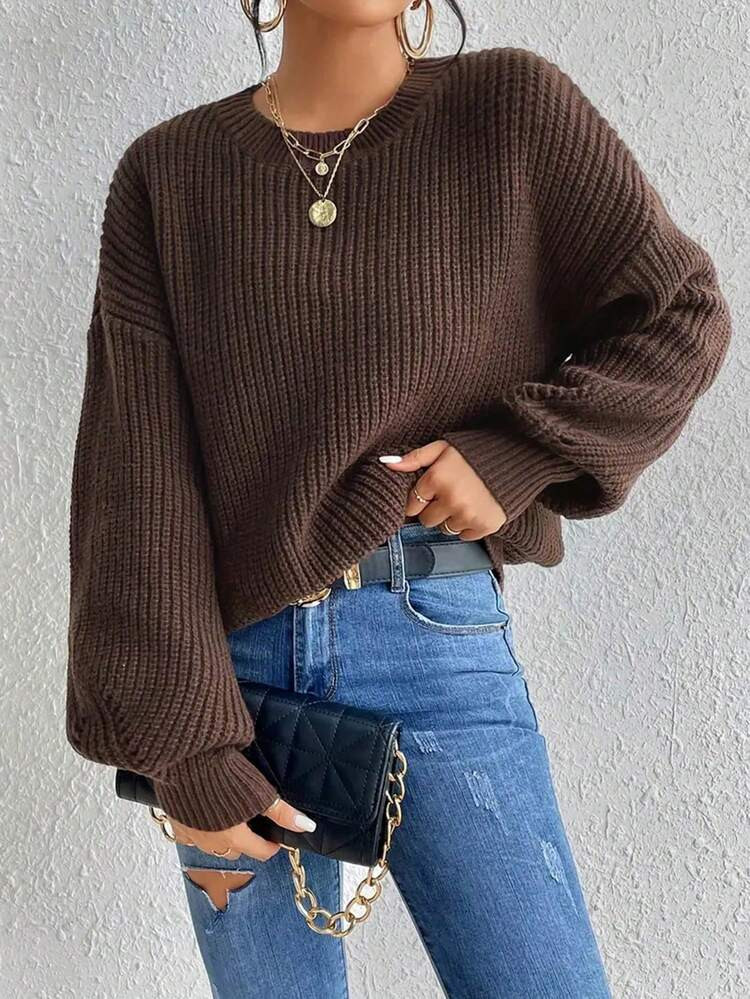 Women Solid Color Crew Neck Long Sleeve Basic Rib Knit Sweater,Long Sleeve Tops | SHEIN