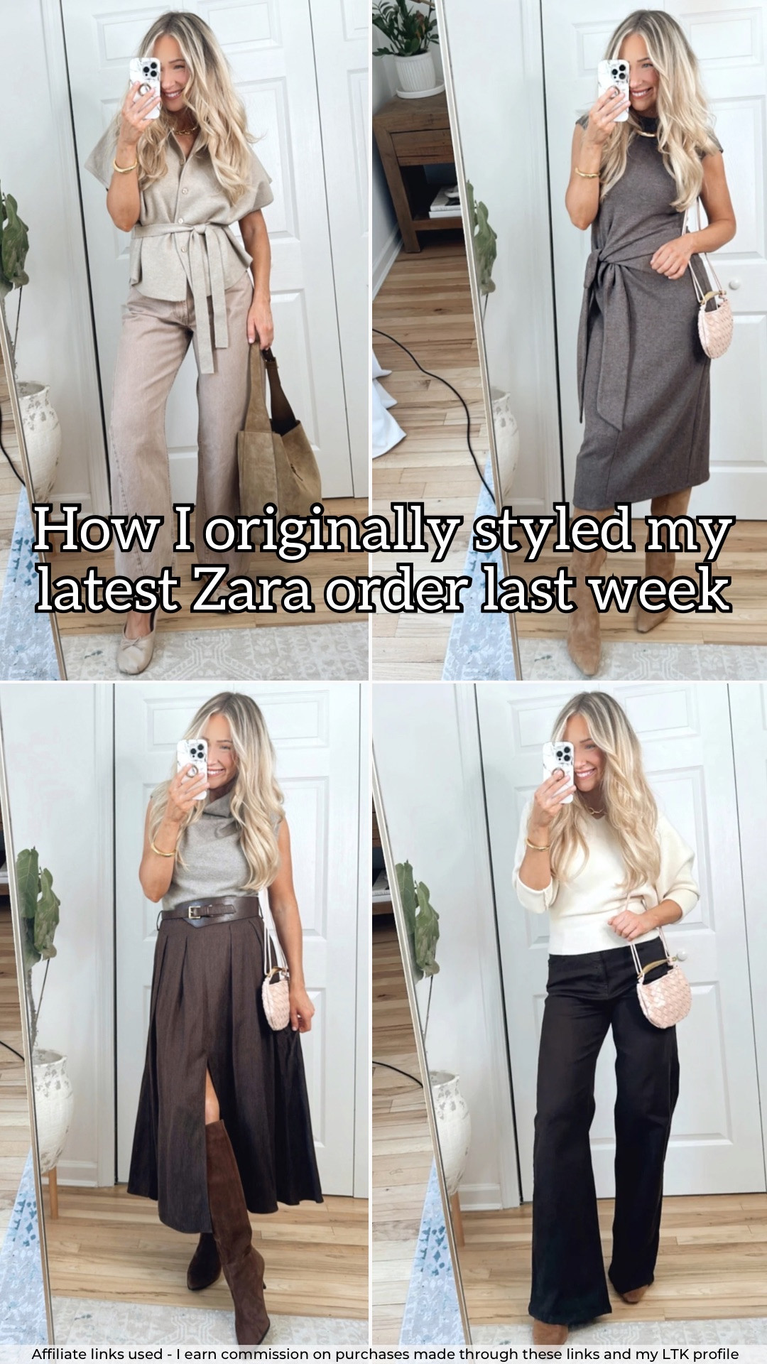 Zara outfits 💫✨ Sizing info⬇️:
-Short sleeve belted cardigan: medium
-Dusty pink barrel jeans: size 6
-Short sleeve knotted sweater dress: medium
-Gray mock neck sleeveless sweater: medium
-Brown midi skirt with slit: medium
-Ivory v-neck sweater: medium
-Brown wide leg jeans: size 6
