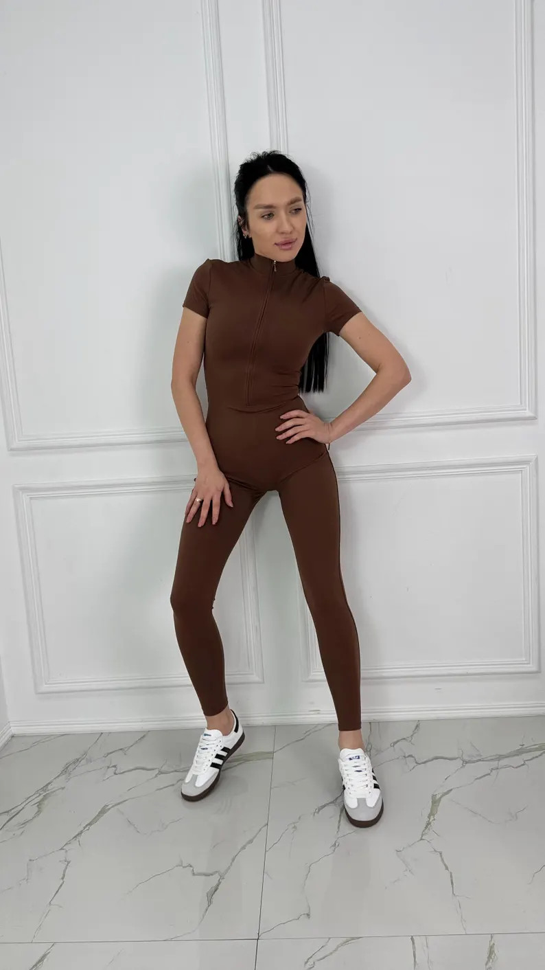 Short Sleeve Yoga Jumpsuit, Zipper Front, Activewear Romper | Etsy (Global)
