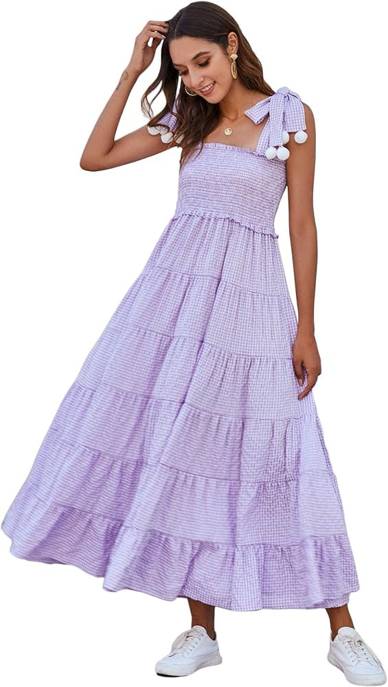 Floerns Women's Floral Print Tie Strap Square Neck Ruffle Boho Maxi Dress | Amazon (US)