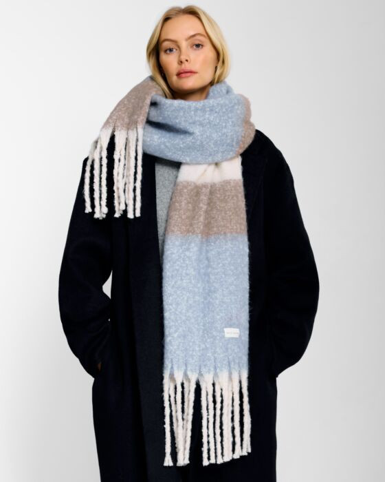 Recycled Striped Tassel Scarf in Blue, Mink and Off White | Katie Loxton Ltd. (UK)